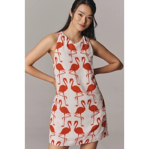 Maeve Sleeveless Linen Blend Printed Shift Mini Dress Flamingo Print L - Picture 1 of 3